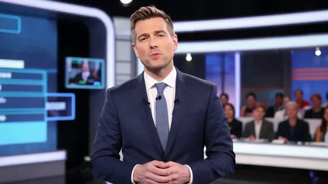 A presenter stands in a futuristic studio as the camera slowly moves...